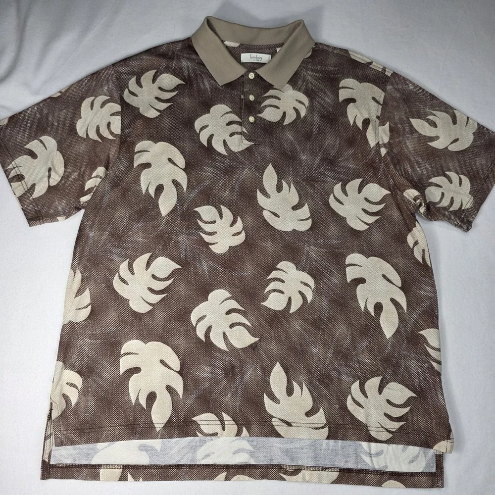 Vintage Turnbury 100%‎ Cotton Polo Shirt Tan Monstera Tropical Men's Size XL